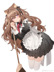 Rule 34 | 1girl, animal ear fluff, animal ears, apron, black dress, black ribbon, blush, broom, brown hair, closed mouth, cropped legs, dress, frilled apron, frills, hair between eyes, hair ribbon, highres, holding, holding broom, juliet sleeves, leaning forward, long hair, long sleeves, looking at viewer, neck ribbon, nyum, original, puffy sleeves, purple eyes, red ribbon, ribbon, simple background, solo, thighhighs, very long hair, white apron, white background, white thighhighs