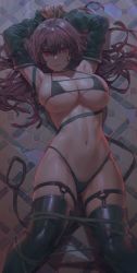 Rule 34 | 1girl, absurdres, arm belt, armpits, bikini, black thighhighs, boots, bound, bound legs, bound wrists, breasts, brown hair, cleavage, detached sleeves, free style (yohan1754), glaring, hair between eyes, hair spread out, highleg, highleg bikini, highres, large breasts, long hair, looking at viewer, lying, micro bikini, nail polish, navel, on back, on floor, original, parted lips, pink eyes, restrained, solo, swimsuit, thigh boots, thigh strap, thighhighs, v-shaped eyebrows