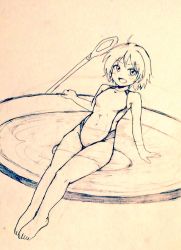 Rule 34 | 1girl, alternate costume, bare legs, barefoot, breasts, commentary request, competition swimsuit, covered navel, d-m (dii emu), eyelashes, full body, greyscale, looking at viewer, miniskirt, monochrome, one-piece swimsuit, open mouth, partially submerged, skirt, sukuna shinmyoumaru, swimsuit, touhou, traditional media