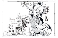 Rule 34 | 1girl, animal, animal ears, arknights, bow, bowtie, character name, collared shirt, dated, flashbang, fox, fox ears, fox girl, glasses, greyscale, hair over one eye, highres, holding, holding animal, jaggy lines, long sleeves, monochrome, myrrh (arknights), plant, round eyewear, shirt, short hair, short ponytail, simple background, solo, thurim6, twitter username, upper body, white background
