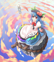 Rule 34 | 1girl, apron, black hat, blouse, blue bow, blue dress, blue hair, boots, bow, brown footwear, buttons, cloud, cross-laced footwear, dress, female focus, food, frills, fruit, happy, hat, hinanawi tenshi, keystone, leaf, long hair, neck ribbon, peach, puffy short sleeves, puffy sleeves, rainbow gradient, rainbow order, red bow, red eyes, ribbon, rope, shimenawa, shirt, shoes, short sleeves, sitting, sky, smile, solo, sword, sword of hisou, touhou, wapokichi, weapon, white shirt, wing collar