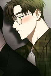 Rule 34 | 2boys, black-framed eyewear, blush, brown hair, cheongsae, flannel, glasses, green eyes, highres, jin cheong-woo, korean commentary, looking at another, male focus, matthew raynor, multiple boys, parted bangs, parted lips, shirt, short hair, solo focus, under the greenlight, white shirt, yaoi