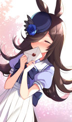 Rule 34 | 1girl, animal ears, blouse, blue bow, blue flower, blue hat, blue rose, blue shirt, blush, bow, brown hair, closed eyes, closed mouth, envelope, facing viewer, flower, hair over one eye, hands up, hat, hat flower, highres, holding, holding envelope, horse ears, horse girl, horse tail, long hair, pleated skirt, puffy short sleeves, puffy sleeves, purple shirt, rice shower (umamusume), ringo sui, rose, school uniform, shirt, short sleeves, skirt, smile, solo, tail, tilted headwear, tracen school uniform, umamusume, very long hair, white skirt