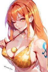 Rule 34 | 1girl, arm tattoo, bikini, breasts, closed mouth, collarbone, highres, large breasts, lips, looking at viewer, nami (one piece), one eye closed, one piece, orange bikini, orange eyes, orange hair, solo, swimsuit, tattoo, twitter username, upper body, vcais