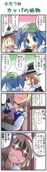Rule 34 | 3girls, 4koma, alice margatroid, blonde hair, blue eyes, blue hair, braid, comic, curtains, female focus, hair bobbles, hair ornament, hairband, hat, kawashiro nitori, kirisame marisa, morogami ryou, multiple girls, short hair, smile, sweatdrop, touhou, translation request, twintails, two side up, window, witch, witch hat
