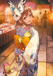 Rule 34 | 1girl, arms behind back, atelier (series), atelier ryza, atelier ryza 3, bag, blurry, blurry background, blush, bracelet, brown eyes, brown hair, fi (atelier), fingernails, floral print, hair ornament, hairclip, highres, holding, japanese clothes, jewelry, kimono, looking at viewer, looking back, mask, mask on head, medium hair, official art, open mouth, outdoors, reisalin stout, smile, teeth, toridamono, upper teeth only, wide sleeves, x hair ornament