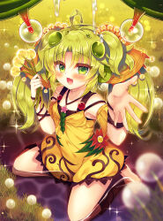 Rule 34 | 1girl, barefoot, dress, duel monster, flower, green eyes, green hair, hair ribbon, long hair, looking at viewer, open hand, open mouth, ribbon, sitting, smile, solo, suzunone rena, traptrix sera, twintails, two side up, wariza, yellow dress, yu-gi-oh!