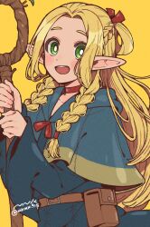 Rule 34 | 1girl, ambrosia (dungeon meshi), belt, belt buckle, blonde hair, blue capelet, blue robe, blush, braid, brown belt, buckle, capelet, dungeon meshi, elf, french braid, green eyes, hashtag-only commentary, highres, holding, holding staff, long hair, looking at viewer, marcille donato, multiple braids, nanaki (mkmk 915), open mouth, pointy ears, robe, simple background, smile, solo, staff, teeth, twin braids, twitter username, upper teeth only, yellow background