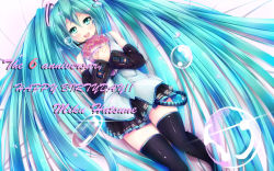 Rule 34 | 1girl, aqua hair, blush, bouquet, bubble, character name, detached sleeves, flower, green eyes, happy birthday, hatsune miku, headset, highres, long hair, nail polish, necktie, open mouth, sawa nao, skirt, solo, tears, thighhighs, twintails, very long hair, vocaloid
