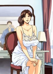 Rule 34 | 00s, 1boy, 1girl, :d, bare shoulders, breasts, brown eyes, brown hair, camera, chair, chemise, cirima, cleavage, curtains, curvy, desk, glasses, hair bun, hikaru no go, holding, huge breasts, indoors, lace, lamp, large breasts, lingerie, looking at viewer, mature female, mirror, mitsuko sanrakugaki, nightgown, open mouth, own hands together, parted bangs, phone, reflection, sagging breasts, see-through, shindou mitsuko, shirt, short hair, single hair bun, sitting, smile, taut clothes, taut shirt, underwear, v arms, volvox