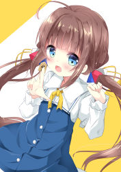 Rule 34 | 10s, 1girl, :d, ahoge, between fingers, blue eyes, blush, board game, brown hair, commentary request, hair ribbon, hands up, highres, hinatsuru ai, holding, kouda suzu, layered sleeves, long hair, long sleeves, looking at viewer, low twintails, open mouth, puffy short sleeves, puffy sleeves, ribbon, ryuuou no oshigoto!, school swimsuit, shogi, short over long sleeves, short sleeves, smile, solo, swimsuit, twintails, two-tone background, very long hair, white background, yellow background, yellow ribbon