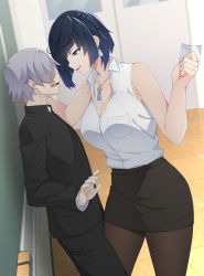 Rule 34 | 1boy, absurdres, alternate costume, black hair, black jacket, black legwear, black skirt, blue hair, braid, breasts, chalkboard, cleavage, collarbone, collared shirt, dice, evil smile, eye contact, genshin impact, green eyes, hair over eyes, hand up, highres, holding, holding paper, jacket, jewelry, kabedon, large breasts, leg between thighs, looking at another, multicolored hair, mzrz, necklace, open mouth, pantyhose, paper, pencil skirt, school uniform, shirt, short hair, skirt, sleeveless, sleeveless shirt, smile, tassel, teacher and student, two-tone hair, white shirt, yelan (genshin impact)
