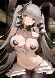 Rule 34 | 1girl, absurdres, animal ears, azur lane, between breasts, black pantyhose, blurry, bow, breast hold, breasts, cameltoe, cleavage, cowboy shot, depth of field, detached sleeves, embarrassed, fake animal ears, formidable (azur lane), frills, gloves, gluteal fold, grabbing own breast, hair bow, hairband, head tilt, heart maebari, heart pasties, highres, large breasts, long hair, looking at viewer, maebari, meme attire, navel, pantyhose, pasties, qianqiu wanxia, rabbit ears, red eyes, reverse bunnysuit, reverse outfit, silver hair, solo, standing, stomach, thigh gap, twintails, very long hair, white gloves