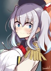 Rule 34 | 1girl, beret, black hat, blue eyes, blush, commentary request, epaulettes, hat, highres, holding, holding clothes, holding jacket, jacket, kantai collection, kashima (kancolle), long sleeves, military jacket, neckerchief, red neckerchief, sidelocks, signature, silver hair, solo, soramuko, toothbrush, twintails, upper body, wavy hair, white jacket