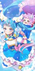 Rule 34 | 2girls, above clouds, absurdres, ahoge, aqua eyes, armband, baby, blue dress, blue eyes, blue hair, blue skirt, blurry, blurry foreground, blush, bow, brooch, cape, cloud, cloudy sky, commentary, cure sky, cut bangs, depth of field, detached sleeves, dress, earrings, ellee-chan, fingerless gloves, flying, frilled dress, frills, gloves, grin, highres, hiiragi syuu, hirogaru sky! precure, holding, holding wand, jewelry, leg up, magical girl, multiple girls, pink bow, precure, puffy detached sleeves, puffy sleeves, purple hair, short bangs, short dress, single earring, single sidelock, skirt, sky, sky mirage, sleeveless, sleeveless dress, smile, sora harewataru, thighhighs, twintails, twitter username, two-sided cape, two-sided fabric, two side up, wand, white gloves, white thighhighs, wing brooch, wing hair ornament