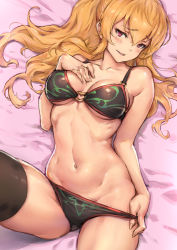 Rule 34 | 10s, 1girl, bare shoulders, bed sheet, bikini, bikini pull, black thighhighs, blonde hair, breast suppress, breasts, clothes pull, cowboy shot, eyebrows, from above, gluteal fold, gou (ga673899), granblue fantasy, groin, hair between eyes, haoni, heart, long hair, looking at viewer, lying, medium breasts, navel, on back, on bed, parted lips, ponytail, pulled by self, red eyes, ribs, sidelocks, smile, solo, stomach, swimsuit, thighhighs, underboob, vira (granblue fantasy)