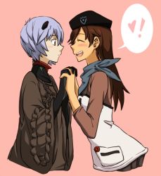 Rule 34 | !, 10s, 2girls, :d, artist request, ayanami rei, beret, blush, bodysuit, brown hair, evangelion: 3.0 you can (not) redo, closed eyes, face-to-face, female focus, grey hair, hair ornament, happy, hat, heart, holding hands, interface headset, interlocked fingers, long hair, long sleeves, looking at another, multiple girls, neon genesis evangelion, open mouth, pink background, plugsuit, rebuild of evangelion, round teeth, short hair, simple background, smile, spoken heart, suzuhara sakura, teeth, uniform, yuri