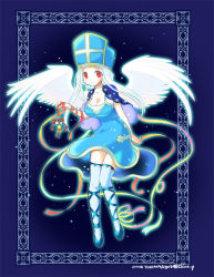 Rule 34 | 1girl, angel wings, bad id, bad pixiv id, bell, blue hair, braid, braided bun, breasts, choker, cleavage, closed mouth, dragon quest, dragon quest iii, dress, framed, full body, glowing, glowing wings, hair bun, hat, long hair, mitre, priest (dq3), red eyes, shawl, smile, solo, thighhighs, wings, yukimiya chino