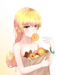 Rule 34 | 1girl, 210240 (pixiv), bad id, bad pixiv id, blonde hair, bracelet, collarbone, doughnut, floating hair, food, highres, jewelry, long hair, looking at viewer, monogatari (series), mouth hold, nude, oshino shinobu, simple background, solo, transparent, upper body, very long hair, white background, yellow eyes