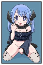 Rule 34 | 1girl, blue eyes, blue hair, bottomless, covering privates, covering crotch, fxxk law, highres, kasane ao, kneeling, magia record: mahou shoujo madoka magica gaiden, magical girl, mahou shoujo madoka magica, simple background, tongue, tongue out