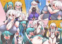 Rule 34 | 2girls, ahoge, blush, breast rest, breasts, breasts on head, closed eyes, detached sleeves, fang, female pervert, green eyes, green hair, hatsune miku, jumping, large breasts, long hair, multiple girls, necktie, niwakaame (amayadori), open mouth, panties, pervert, project diva (series), project diva 2nd, project diva extend, red eyes, skirt, smelling, striped clothes, striped panties, swimsuit, tears, thighhighs, twintails, underwear, very long hair, vocaloid, wavy mouth, white hair, yowane haku, yuri
