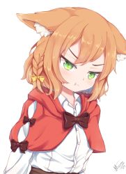 Rule 34 | &gt;:(, :t, angry, animal ears, blouse, braid, capelet, green eyes, hood, hood down, hooded capelet, long sleeves, meemo, orange hair, original, pout, red capelet, rina (meemo), shirt, short hair, v-shaped eyebrows, white shirt, wolf ears