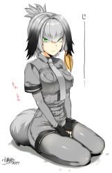 Rule 34 | 10s, 1girl, artist name, between breasts, between legs, black gloves, breast pocket, breasts, closed mouth, commentary request, dated, expressionless, fingerless gloves, folded ponytail, gloves, green eyes, grey hair, grey jacket, grey necktie, grey pantyhose, hair between eyes, jacket, kemono friends, kojima saya, medium breasts, necktie, pantyhose, pocket, seiza, shadow, shoebill (kemono friends), short sleeves, simple background, sitting, solo, staring, tail, white background