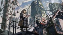 Rule 34 | 2girls, ahoge, arknights, backpack, bag, bird, bird mask, black hair, black legwear, black shirt, blue sky, briefcase, building, cable, city, closed mouth, cloud, cloudy sky, coat, copyright name, cup, day, drone, earrings, full body, gloves, grey eyes, highres, holding, holding cup, hoop earrings, jacket, jewelry, korean commentary, logo, looking up, magallan (arknights), mask, mask around neck, mayer (arknights), medium hair, multicolored hair, multiple girls, official art, orange jacket, outdoors, pantyhose, radio, railing, rhodes island logo (arknights), satellite dish, science fiction, shirt, shoes, short hair, silver hair, sitting, sky, skyscraper, smile, stairs, standing, strap, streaked hair, turtleneck, two-tone hair, watermark, white coat, white footwear, white gloves, whitebear, winter clothes, yellow eyes