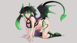 Rule 34 | 1girl, all fours, black hair, boots, breasts, cleavage cutout, clothing cutout, collar, commentary, demon girl, demon horns, demon tail, demon wings, english commentary, full body, fusion, glasses, gradient hair, green eyes, green hair, grey background, hair between eyes, heart, heart cutout, high heel boots, high heels, highres, horns, long hair, looking at viewer, medium breasts, monster girl, monster girl encyclopedia, multicolored hair, nail polish, original, paintrfiend, pink nails, pointy ears, simple background, single thighhigh, smile, solo, succubus (monster girl encyclopedia), tail, tharkis, thighhighs, twintails, wings