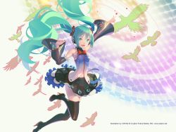 Rule 34 | 1girl, arm up, bird, boots, detached sleeves, green eyes, green hair, hatsune miku, high heels, highres, long hair, looking at viewer, nail polish, navel, open mouth, skirt, solo, thigh boots, thighhighs, twintails, very long hair, vocaloid, vofan