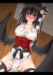 Rule 34 | 1girl, angry, bdsm, black hair, black wings, blush, bondage, bound, bound arms, breasts, cleavage, collarbone, embarrassed, gmot, hat, kourindou tengu costume, large breasts, looking at viewer, open mouth, red eyes, shameimaru aya, solo, tokin hat, torn clothes, touhou, wings