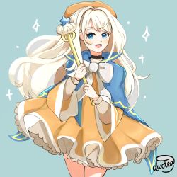 Rule 34 | 1girl, absurdres, artist name, blue background, blue eyes, capelet, cookie run, cream puff cookie, dwotea, hat, highres, long hair, looking at viewer, open mouth, signature, simple background, smile, solo, staff, wand, white hair