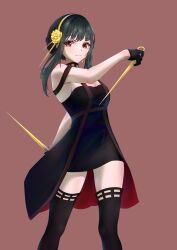 Rule 34 | 1girl, absurdres, black dress, black hair, black thighhighs, closed mouth, dabeizi, dagger, dress, gold hairband, hairband, highres, holding, holding dagger, holding knife, holding weapon, knife, looking at viewer, red eyes, solo, spy x family, stiletto (weapon), thighhighs, two-sided dress, two-sided fabric, weapon, yor briar
