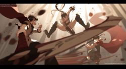 Rule 34 | 1girl, 2boys, cape, crescent rose, dishwasher1910, forest, multiple boys, nature, petals, petals on liquid, ponytail, qrow branwen, ruby rose, rwby, scythe, spoilers, thighhighs, tyrian, tyrian (rwby), tyrian callows, uncle and niece