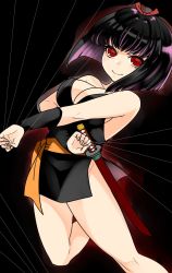 Rule 34 | 1girl, artist request, bare legs, bare shoulders, black hair, bob cut, breasts, cleavage, dress, hairband, hand on own hip, highres, inuyasha, jumping, katana, large breasts, lips, lipstick, looking at viewer, makeup, no bra, no panties, red eyes, revealing clothes, sakasagami no yura, shiny clothes, shiny skin, short dress, simple background, solo, sword, weapon