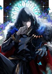 Rule 34 | 1boy, absurdres, antinese, black gloves, black hair, black jacket, blue eyes, blue flower, bug, butterfly, fate/grand order, fate (series), flower, gloves, hair between eyes, head wreath, highres, insect, jacket, jewelry, long sleeves, looking at viewer, male focus, oberon (fate), oberon (overnight dream) (fate), official alternate costume, petals, ring, rose, shirt, smile