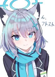 Rule 34 | 1girl, absurdres, animal ear fluff, animal ears, blazer, blue archive, blue eyes, blue scarf, blush, closed mouth, collared shirt, cross hair ornament, extra ears, grey hair, hair ornament, halo, highres, id card, jacket, looking at viewer, mismatched pupils, scarf, school uniform, shiroko (blue archive), shirt, simple background, smile, solo, sutora binsuke, translated, upper body, white background, wolf ears