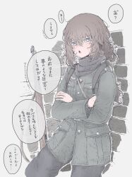 Rule 34 | 1girl, absurdres, against wall, blue eyes, bolt action, brown hair, crossed arms, grey scarf, gun, highres, looking at viewer, messy hair, military uniform, open mouth, original, rifle, scarf, shichisaburo, solo, speech bubble, uniform, weapon
