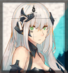 Rule 34 | 1girl, barcode, barcode tattoo, bare shoulders, black leotard, blunt bangs, border, breasts, cleavage, cleavage cutout, clothing cutout, detached collar, framed, gager (girls&#039; frontline), girls&#039; frontline, green eyes, grey hair, headgear, headphones, leotard, long hair, looking at viewer, open mouth, openvl, sangvis ferri, sangvis ferri android (girls frontline), solo, tattoo, upper body