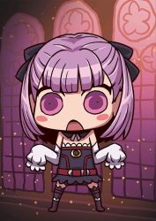 Rule 34 | 1girl, bare shoulders, black thighhighs, blush stickers, chibi, detached sleeves, fate/grand order, fate (series), helena blavatsky (fate), looking at viewer, no nose, official art, open mouth, purple eyes, purple hair, riyo (lyomsnpmp), short hair, sleeves past wrists, solo, thighhighs, window