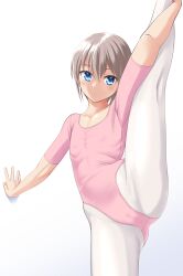 Rule 34 | 1girl, absurdres, against wall, athletic leotard, ballet, blue eyes, breasts, cameltoe, cleft of venus, commentary request, cowboy shot, flat chest, grey hair, highres, leotard, looking at viewer, original, pantyhose, parted lips, pink leotard, ribs, short hair, short sleeves, simple background, small breasts, solo, split, standing, standing on one leg, standing split, takafumi, variant set, white background, white pantyhose