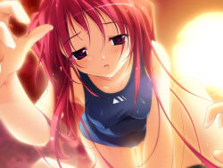 Rule 34 | 1girl, covered erect nipples, game cg, male hand, red eyes, red hair, swimsuit, tagme, wet