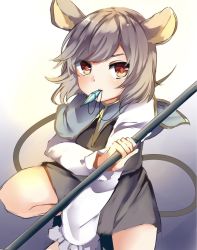 Rule 34 | 1girl, animal ears, bad id, bad twitter id, black skirt, brown eyes, capelet, closed mouth, grey hair, highres, holding, jewelry, karasusou nano, long sleeves, looking at viewer, mouse ears, mouse tail, mouth hold, nazrin, necklace, short hair, skirt, skirt set, solo, squatting, tail, touhou