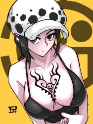 Rule 34 | 1girl, absurdres, black eyes, black hair, breast tattoo, breasts, canon genderswap, cleavage, closed mouth, female focus, frown, genderswap, genderswap (mtf), hat, highres, ivel0121, jolly roger, large breasts, looking at viewer, no bra, one piece, short hair, solo, tank top, tattoo, trafalgar law, upper body, yellow background