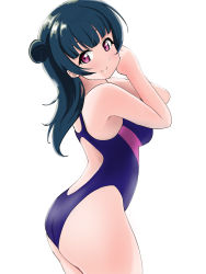 Rule 34 | 1girl, ass, blue hair, competition swimsuit, cowboy shot, hair bun, highres, long hair, looking at viewer, love live!, love live! sunshine!!, one-piece swimsuit, pisagi, red eyes, side bun, simple background, single side bun, smile, solo, standing, swimsuit, tsushima yoshiko, white background