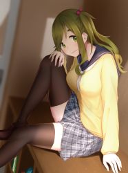 Rule 34 | 1girl, black thighhighs, blurry, blush, breasts, brown footwear, brown hair, closed mouth, depth of field, dutch angle, fang, from side, green eyes, grey skirt, hair bobbles, hair ornament, hand on own knee, highres, indoors, inuyama aoi, large breasts, light smile, long hair, long sleeves, neckerchief, plaid, plaid skirt, pleated skirt, school uniform, serafuku, shinyoujurin, side ponytail, sitting, skin fang, skirt, solo, sunlight, thighhighs, yurucamp