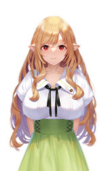Rule 34 | 1girl, black ribbon, blonde hair, breasts, closed mouth, collarbone, collared shirt, commentary request, green skirt, high-waist skirt, highres, large breasts, long hair, looking at viewer, neck ribbon, original, pointy ears, ribbon, shirt, simple background, skirt, smile, solo, very long hair, white background, white shirt, yuuji (yukimimi)