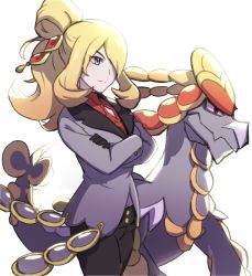 Rule 34 | 1girl, black gloves, black pants, blonde hair, buttons, closed mouth, commentary request, creatures (company), crossed arms, cynthia (pokemon), cynthia (sygna suit) (pokemon), eyelashes, game freak, gen 7 pokemon, gloves, grey eyes, grey jacket, hair ornament, hair over one eye, high ponytail, highres, jacket, kommo-o, long hair, long sleeves, nintendo, official alternate costume, pants, pokemon, pokemon (creature), pokemon masters ex, red shirt, shirt, split mouth, white background, yunoru