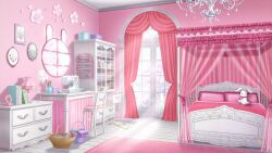 Rule 34 | azuma hatori, balcony, basket, bed, blanket, book, box, cabinet, canopy bed, chair, chandelier, curtains, day, door, drawer, fabric, flower, highres, indoors, jar, lamp, muntins, napi (utaite), no humans, note, official art, painting (object), pillow, pink flower, prince kingdom, rug, scenery, scissors, sewing machine, shelf, spool, stuffed animal, stuffed rabbit, stuffed toy, sunlight, table, themed object