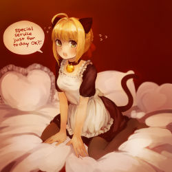 Rule 34 | 10s, 1girl, ahoge, alternate costume, animal ears, anonymous drawfag, apron, artoria pendragon (all), artoria pendragon (fate), bed sheet, bell, blonde hair, blush, braid, breasts, cat ears, cat tail, choker, english text, enmaided, fate/extra, fate (series), french braid, frilled apron, frilled pillow, frills, green eyes, hair intakes, hair ribbon, highres, kemonomimi mode, maid, maid apron, neck bell, nero claudius (fate), nero claudius (fate), nero claudius (fate/extra), no shoes, on bed, pantyhose, pillow, ribbon, saber (fate), short hair, sitting, solo, tail, tsundere, v arms, valentine, wariza